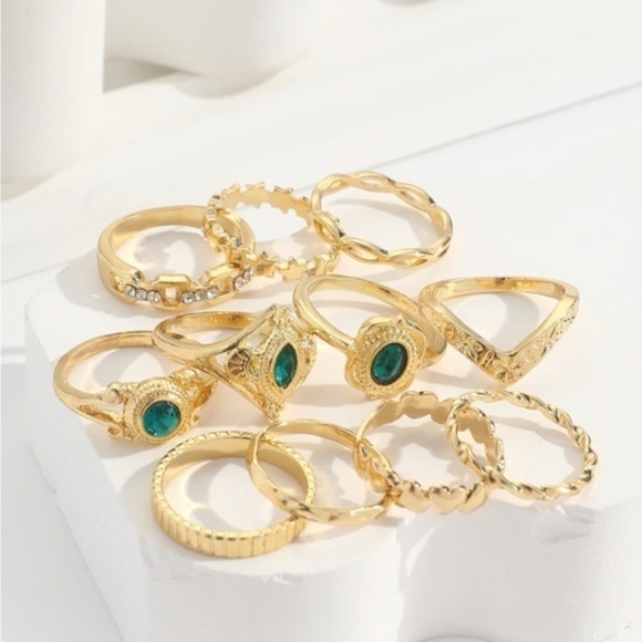 Gold 11pc Rhinestone Ring Set - Picture 2 of 2